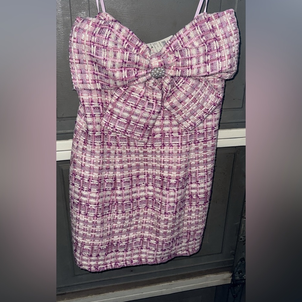 Purple Pink and White Plaid tweed strapless Dress with Bow